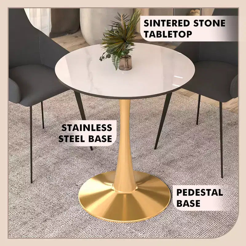 Table à manger ronde LeisureMod Bristol 24 - Plateau en pierre frittée et base en piédestal en acier doré robuste pour la cuisine et les petits espaces