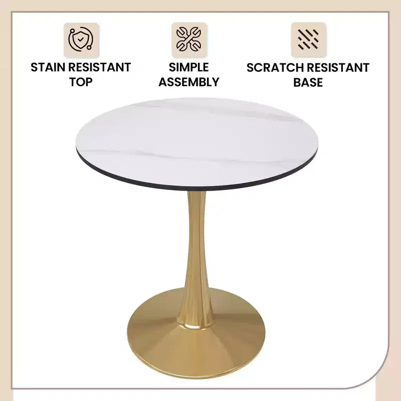 Table à manger ronde LeisureMod Bristol 24 - Plateau en pierre frittée et base en piédestal en acier doré robuste pour la cuisine et les petits espaces