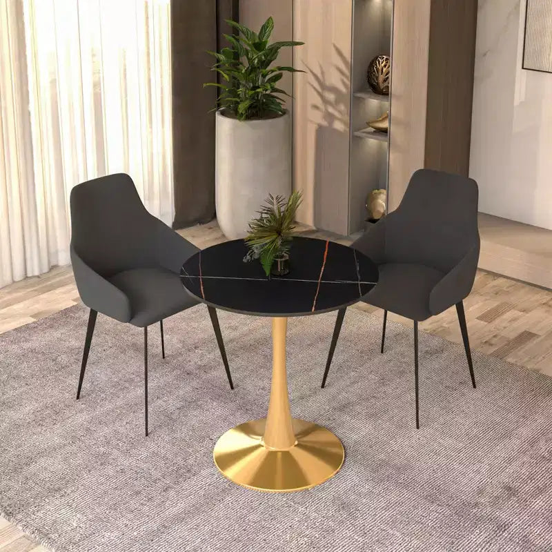 Table à manger ronde LeisureMod Bristol 24 - Plateau en pierre frittée et base en piédestal en acier doré robuste pour la cuisine et les petits espaces