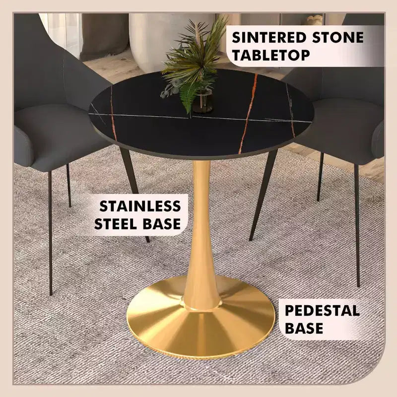 Table à manger ronde LeisureMod Bristol 24 - Plateau en pierre frittée et base en piédestal en acier doré robuste pour la cuisine et les petits espaces