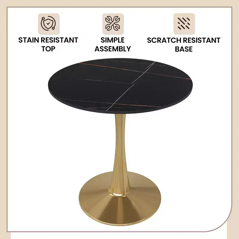 Table à manger ronde LeisureMod Bristol 24 - Plateau en pierre frittée et base en piédestal en acier doré robuste pour la cuisine et les petits espaces