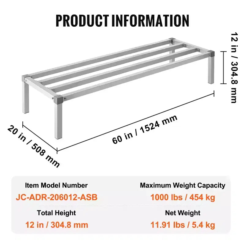VEVOR Rack de dunnage en aluminium, 60 x 20 Commercial Food Floor Rack, 12 po du sol, 1000 lbs Capacité Rack de stockage en aluminium entièrement soudé