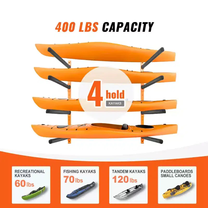 Porte-kayaks muraux VEVOR, supports muraux pour 4 kayaks, canoës et planches à pagaie, crochets de rangement pour kayak avec bras rembourrés réglables