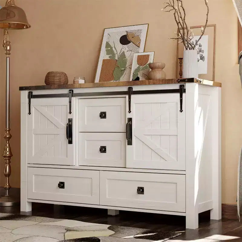 SinCiDo Farmhouse 48 Dresser w/4 Drawers & 2 Barn Doors, Chest of Drawers & Rustic TV Stand w/Adjustable Shelf for Living Room