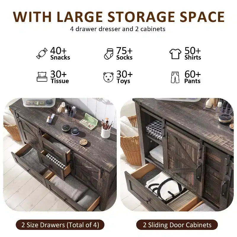 Commode de ferme SinCiDo 48 avec 4 tiroirs et 2 portes de grange, commode et meuble TV rustique avec étagère réglable pour le salon