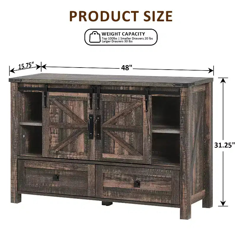Commode de ferme SinCiDo 48 avec 4 tiroirs et 2 portes de grange, commode et meuble TV rustique avec étagère réglable pour le salon