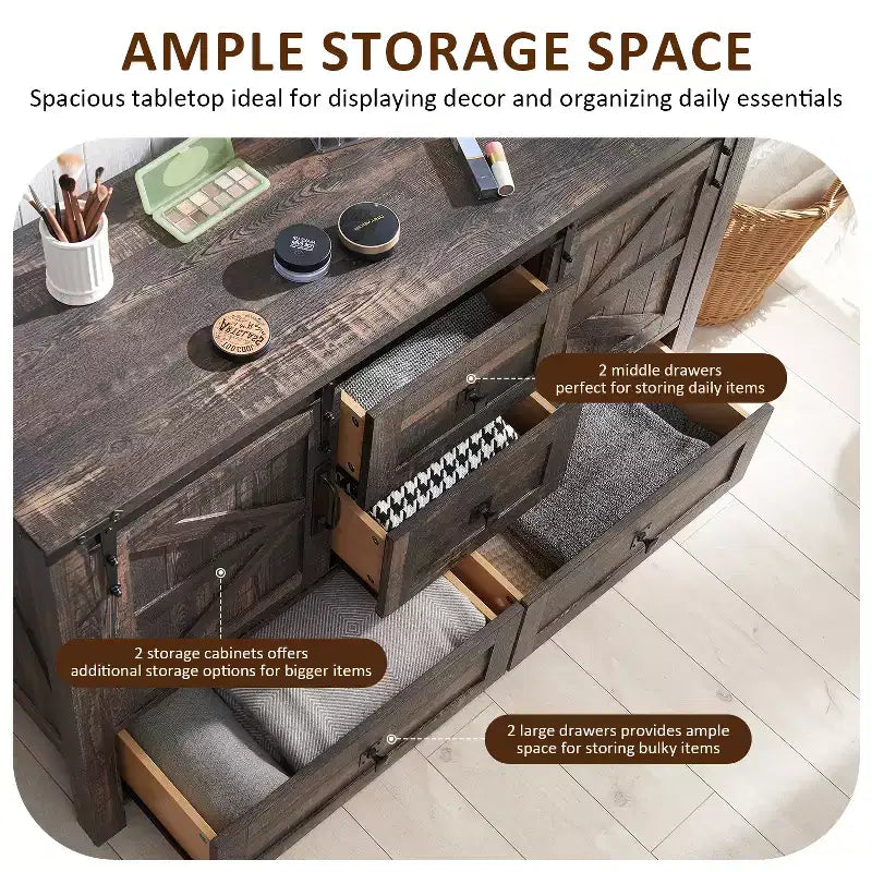Commode de ferme SinCiDo 48 avec 4 tiroirs et 2 portes de grange, commode et meuble TV rustique avec étagère réglable pour le salon