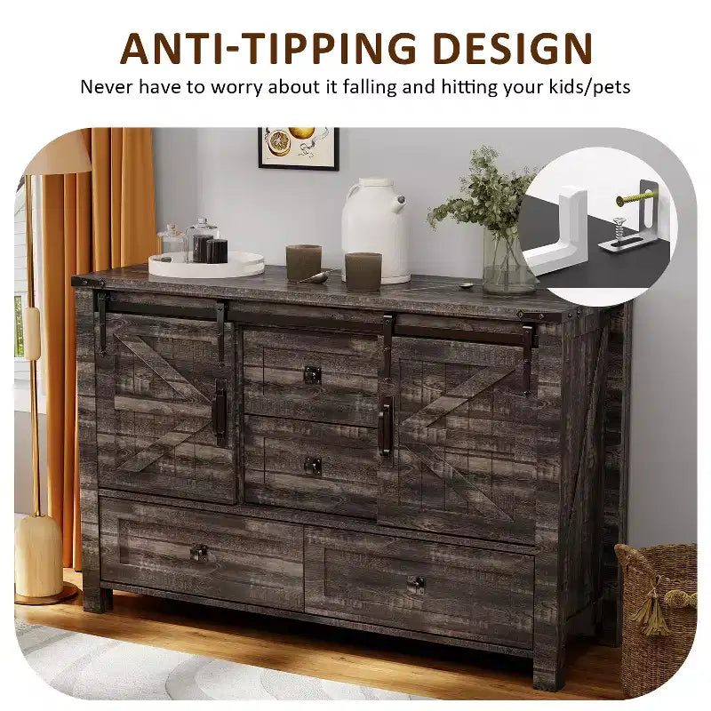 Commode de ferme SinCiDo 48 avec 4 tiroirs et 2 portes de grange, commode et meuble TV rustique avec étagère réglable pour le salon