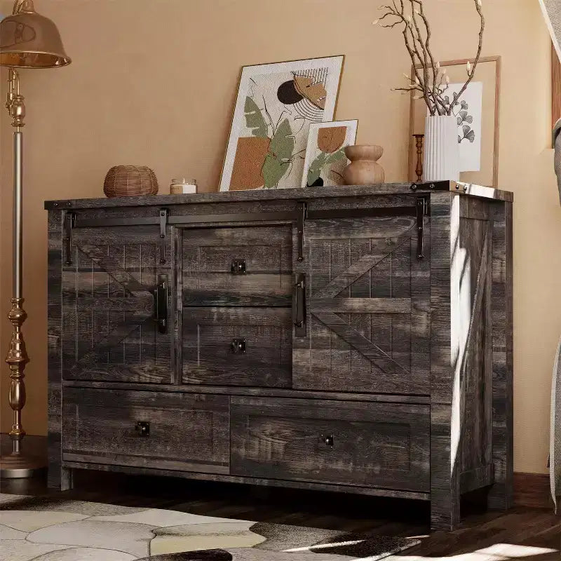 Commode de ferme SinCiDo 48 avec 4 tiroirs et 2 portes de grange, commode et meuble TV rustique avec étagère réglable pour le salon