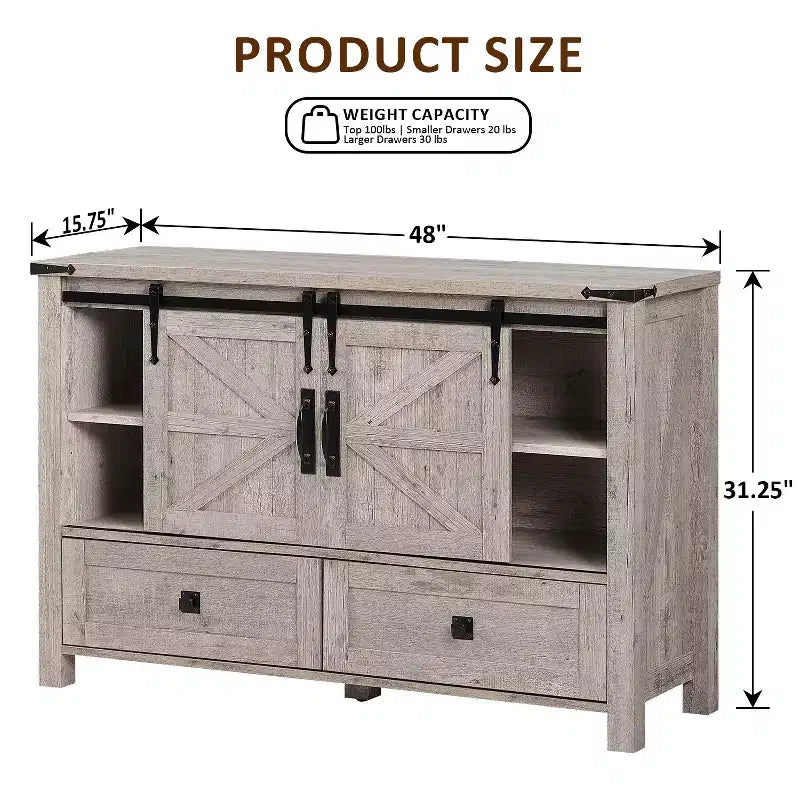 Commode de ferme SinCiDo 48 avec 4 tiroirs et 2 portes de grange, commode et meuble TV rustique avec étagère réglable pour le salon