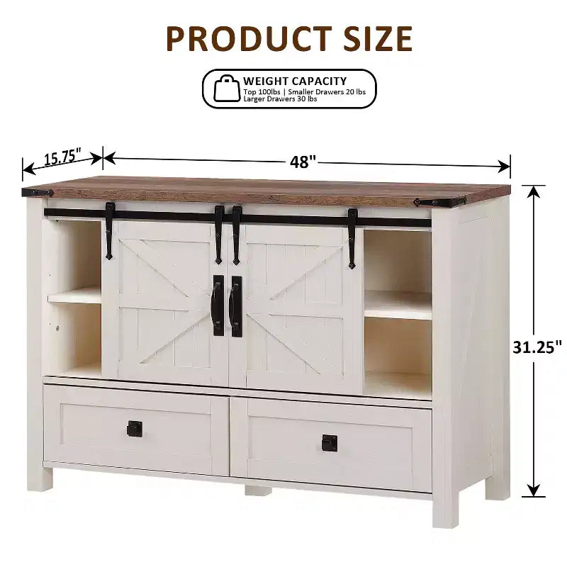 Commode de ferme SinCiDo 48 avec 4 tiroirs et 2 portes de grange, commode et meuble TV rustique avec étagère réglable pour le salon