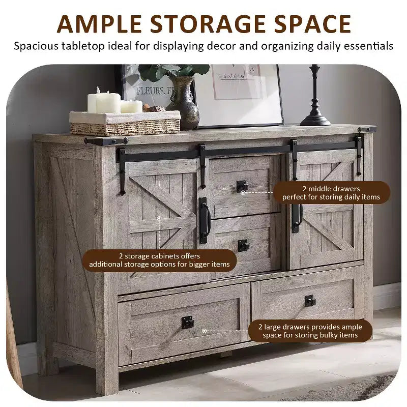 Commode de ferme SinCiDo 48 avec 4 tiroirs et 2 portes de grange, commode et meuble TV rustique avec étagère réglable pour le salon