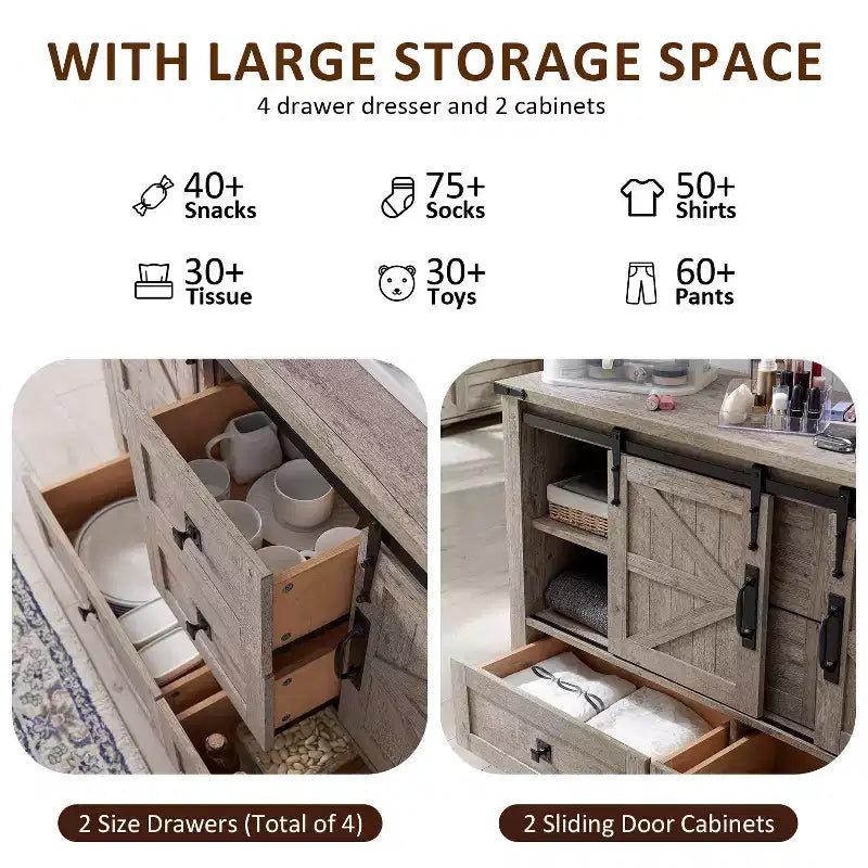 Commode de ferme SinCiDo 48 avec 4 tiroirs et 2 portes de grange, commode et meuble TV rustique avec étagère réglable pour le salon