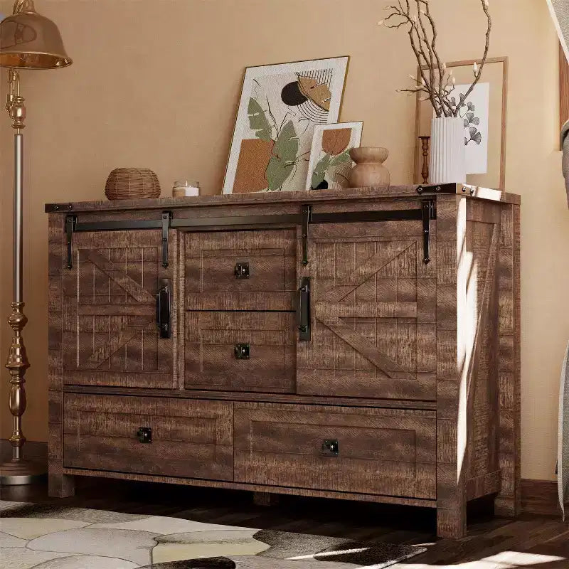 Commode de ferme SinCiDo 48 avec 4 tiroirs et 2 portes de grange, commode et meuble TV rustique avec étagère réglable pour le salon