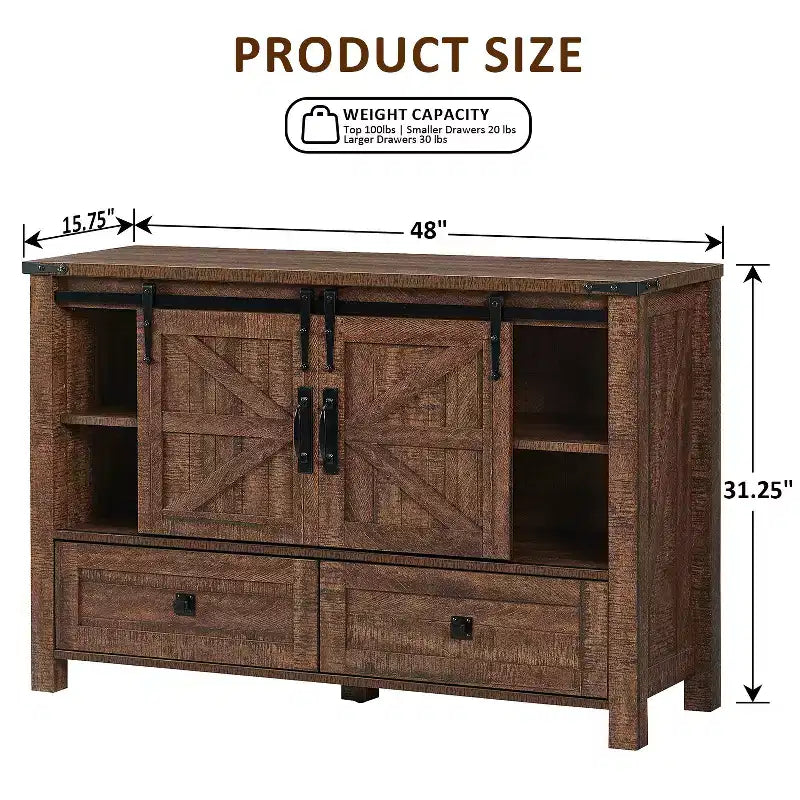 Commode de ferme SinCiDo 48 avec 4 tiroirs et 2 portes de grange, commode et meuble TV rustique avec étagère réglable pour le salon