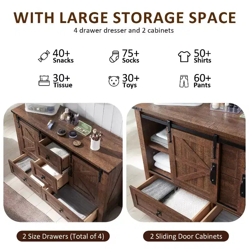 Commode de ferme SinCiDo 48 avec 4 tiroirs et 2 portes de grange, commode et meuble TV rustique avec étagère réglable pour le salon