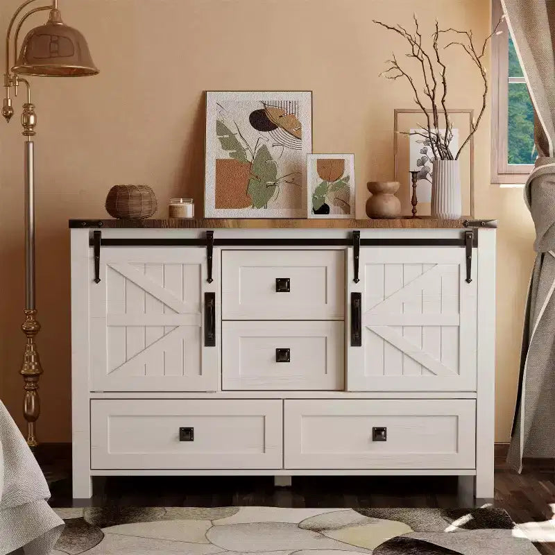 Commode de ferme SinCiDo 48 avec 4 tiroirs et 2 portes de grange, commode et meuble TV rustique avec étagère réglable pour le salon