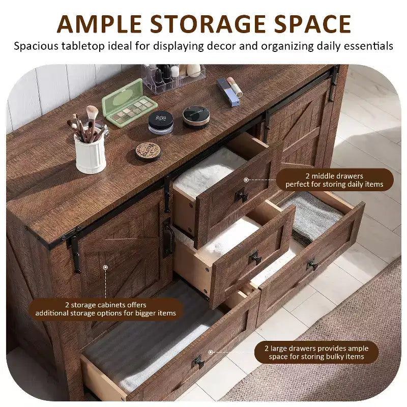Commode de ferme SinCiDo 48 avec 4 tiroirs et 2 portes de grange, commode et meuble TV rustique avec étagère réglable pour le salon