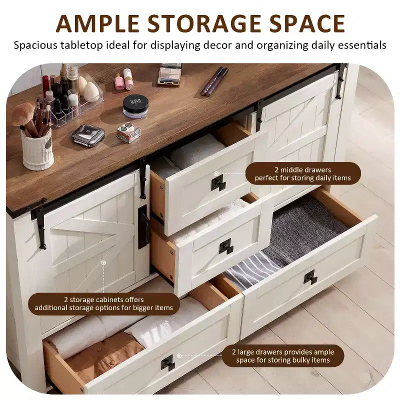 Commode de ferme SinCiDo 48 avec 4 tiroirs et 2 portes de grange, commode et meuble TV rustique avec étagère réglable pour le salon