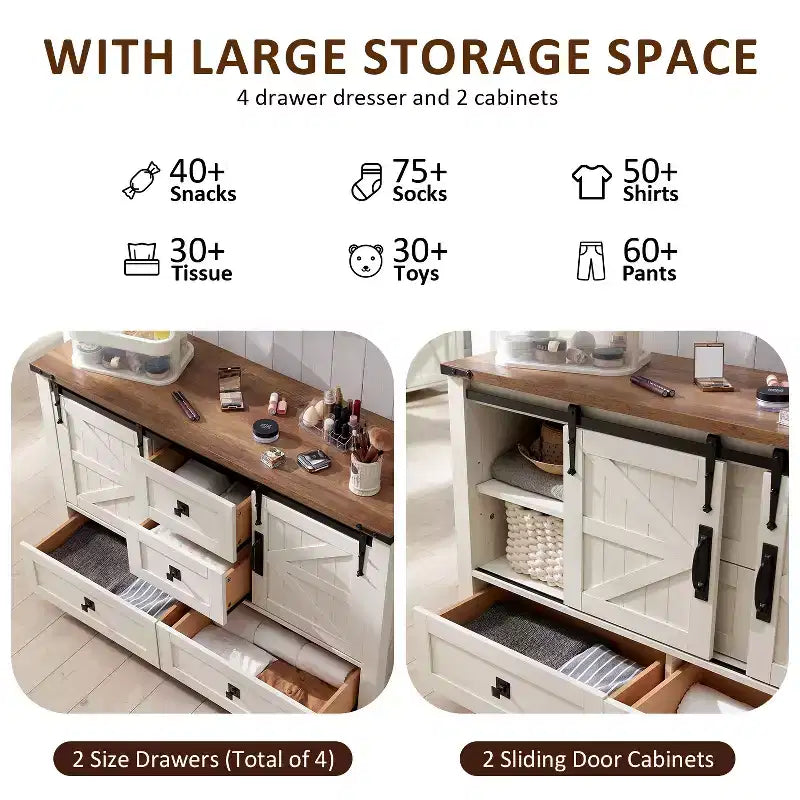 Commode de ferme SinCiDo 48 avec 4 tiroirs et 2 portes de grange, commode et meuble TV rustique avec étagère réglable pour le salon
