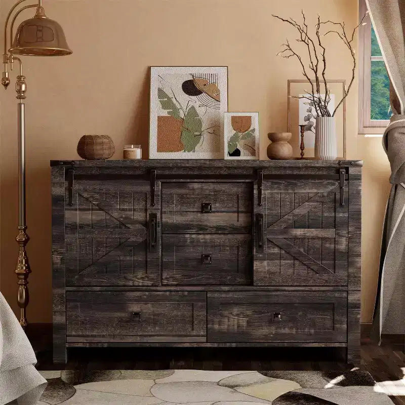 Commode de ferme SinCiDo 48 avec 4 tiroirs et 2 portes de grange, commode et meuble TV rustique avec étagère réglable pour le salon