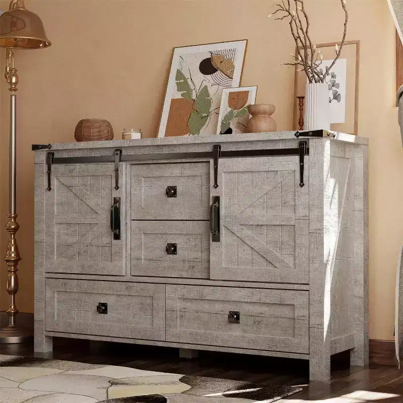 Commode de ferme SinCiDo 48 avec 4 tiroirs et 2 portes de grange, commode et meuble TV rustique avec étagère réglable pour le salon