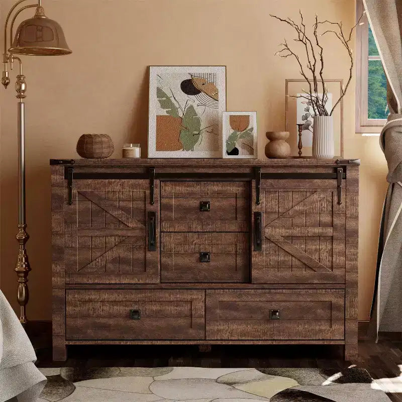 Commode de ferme SinCiDo 48 avec 4 tiroirs et 2 portes de grange, commode et meuble TV rustique avec étagère réglable pour le salon