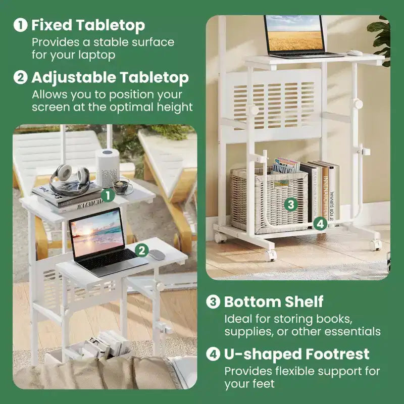 Costway Bureau réglable avec repose-pieds, panneau en maille, roulettes verrouillables, pour maison et bureau