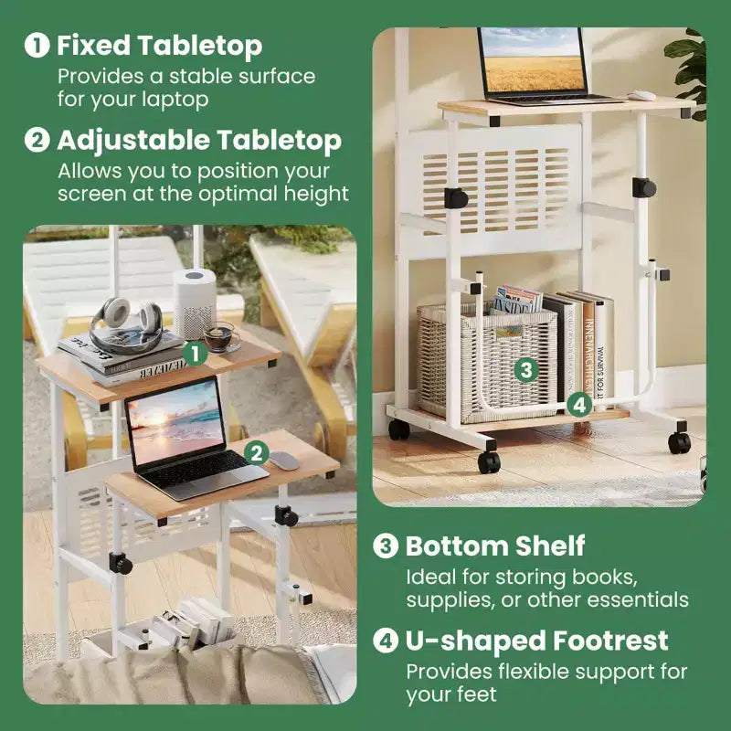Costway Bureau réglable avec repose-pieds, panneau en maille, roulettes verrouillables, pour maison et bureau