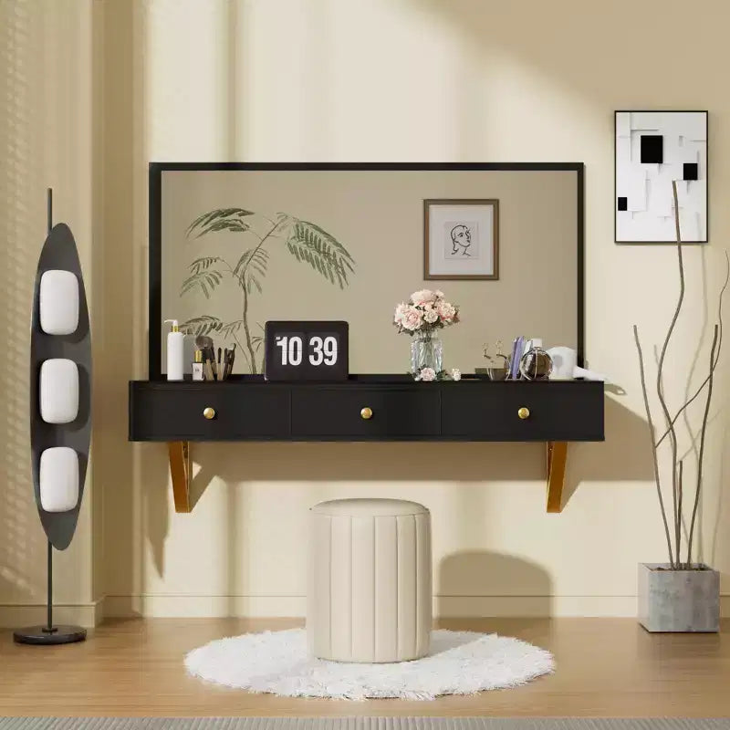 Étagère murale Okak avec tiroir, coiffeuse flottante peu encombrante pour salle de bain/chambre à coucher, installation facile avec supports dissimulés