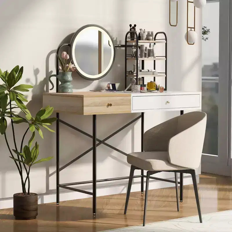 Étagère murale Okak avec tiroir, coiffeuse flottante peu encombrante pour salle de bain/chambre à coucher, installation facile avec supports dissimulés
