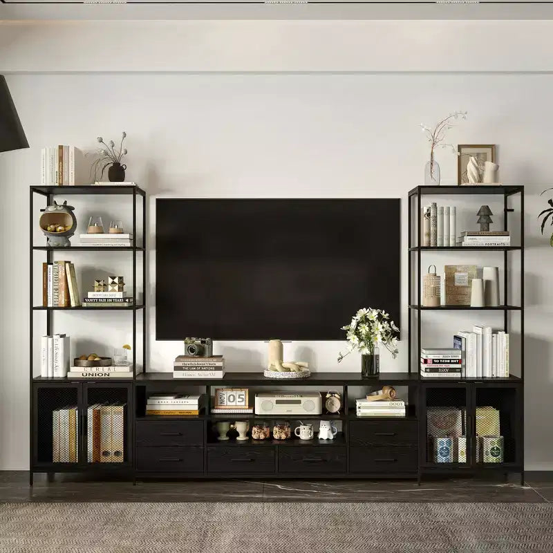 Famapy Contemporary Black TV Consoles Entertainment Center with Famapy Shelving & Drawers - Chic Storage Option for Home Media Spaces