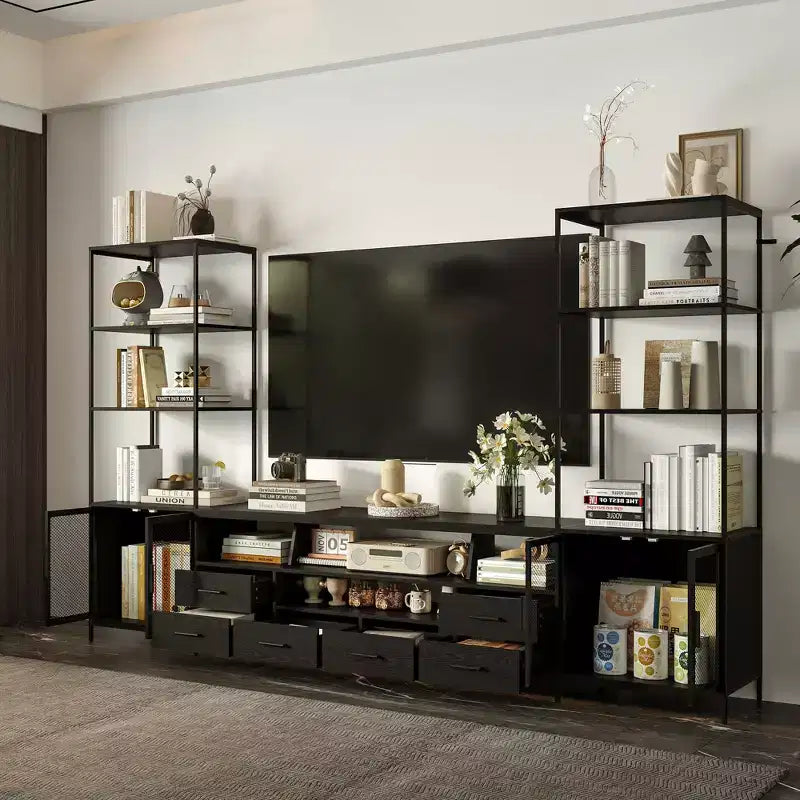 Meuble TV Contemporain Noir Famapy avec Étagères et Tiroirs Famapy - Option de Rangement Chic pour Espaces Multimédias Domestiques
