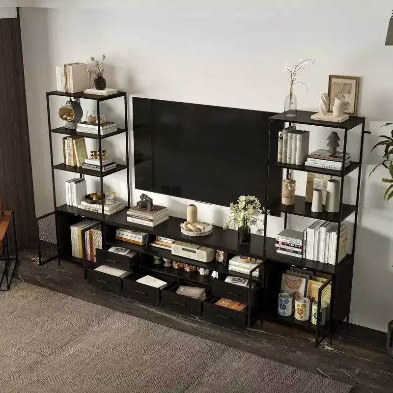 Meuble TV Contemporain Noir Famapy avec Étagères et Tiroirs Famapy - Option de Rangement Chic pour Espaces Multimédias Domestiques