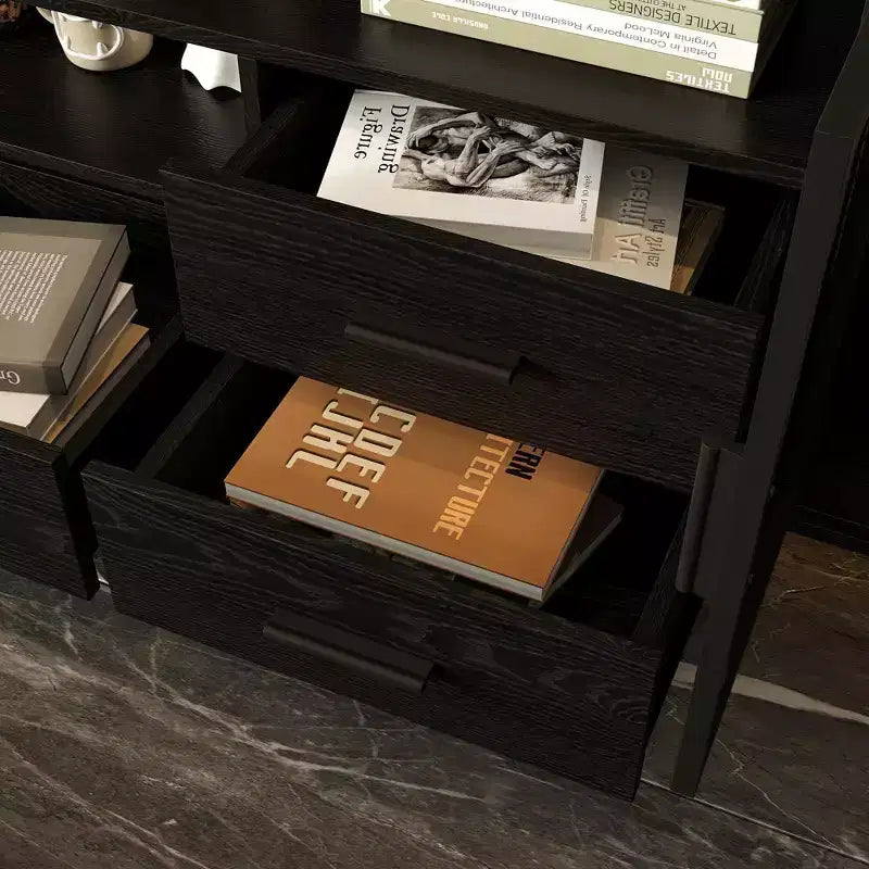Meuble TV Contemporain Noir Famapy avec Étagères et Tiroirs Famapy - Option de Rangement Chic pour Espaces Multimédias Domestiques