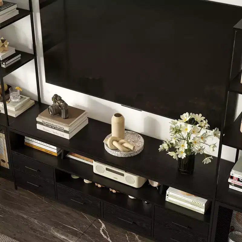 Meuble TV Contemporain Noir Famapy avec Étagères et Tiroirs Famapy - Option de Rangement Chic pour Espaces Multimédias Domestiques