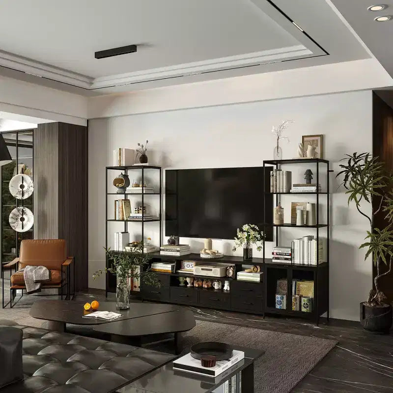 Meuble TV Contemporain Noir Famapy avec Étagères et Tiroirs Famapy - Option de Rangement Chic pour Espaces Multimédias Domestiques