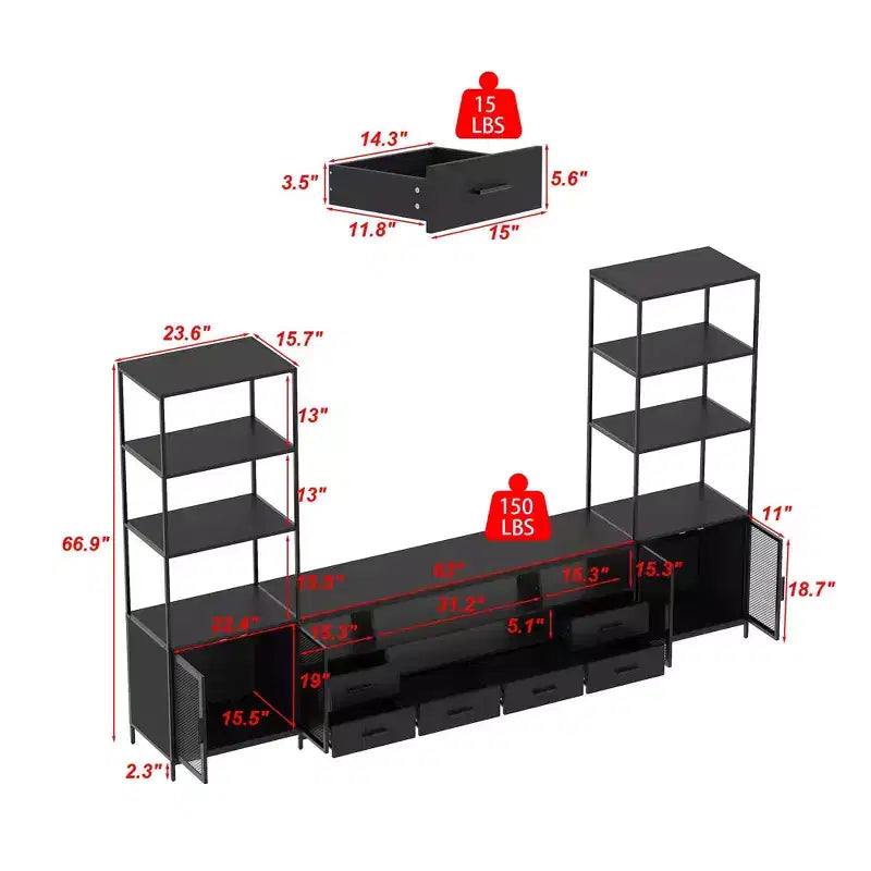 Meuble TV Contemporain Noir Famapy avec Étagères et Tiroirs Famapy - Option de Rangement Chic pour Espaces Multimédias Domestiques