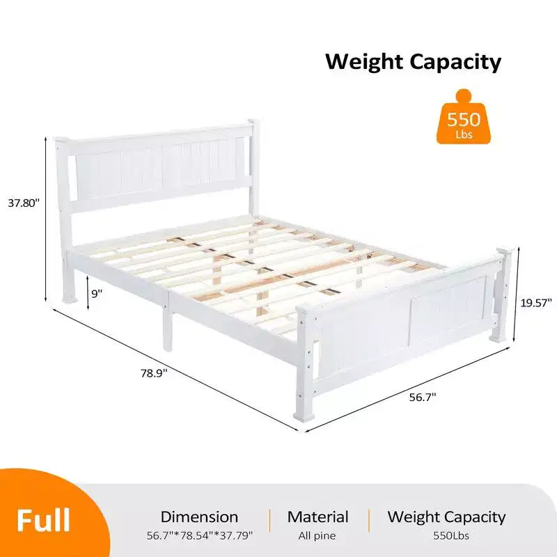 Lit en bois Karl Home avec cadre en bois, taille double, plateforme avec tête de lit, blanc