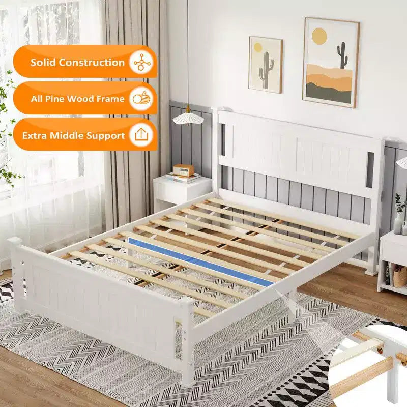 Lit en bois Karl Home avec cadre en bois, taille double, plateforme avec tête de lit, blanc