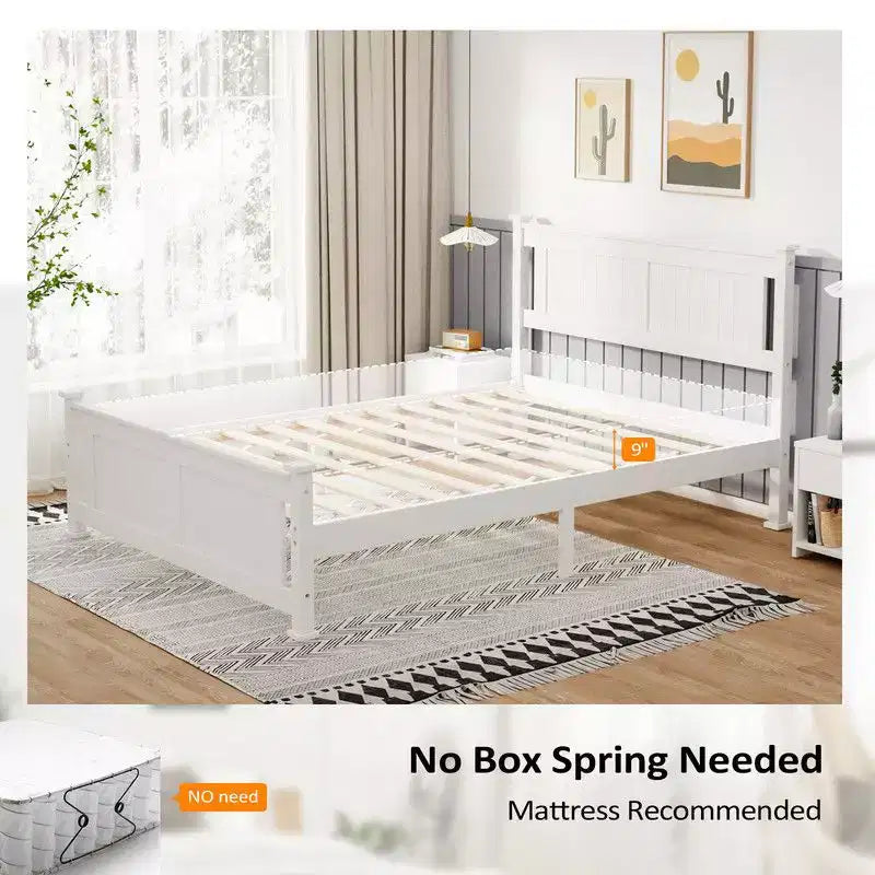 Lit en bois Karl Home avec cadre en bois, taille double, plateforme avec tête de lit, blanc