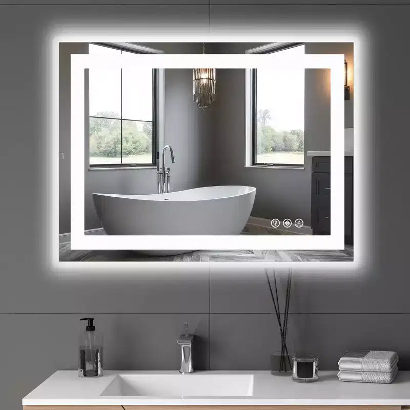 Miroir de salle de bain intelligent 28x36 pouces, miroir de courtoisie à cadre en aluminium avec dégivreur, blanc