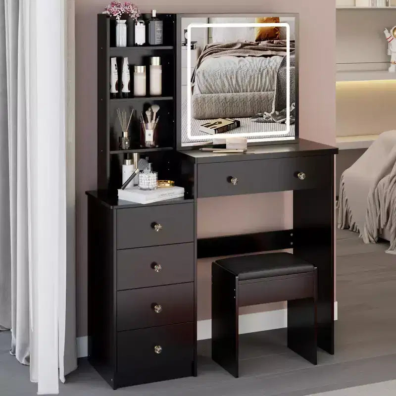 Okak Coiffeuse Miroir avec Lumières et Ensemble Table, Grande Coiffeuse de Chevet Gauche et Tabouret Rembourré, Noir
