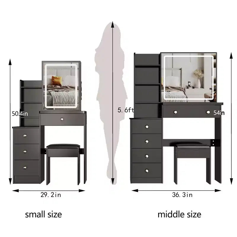 Okak Coiffeuse Miroir avec Lumières et Ensemble Table, Grande Coiffeuse de Chevet Gauche et Tabouret Rembourré, Noir