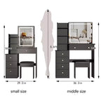 Okak Coiffeuse Miroir avec Lumières et Ensemble Table, Grande Coiffeuse de Chevet Gauche et Tabouret Rembourré, Noir