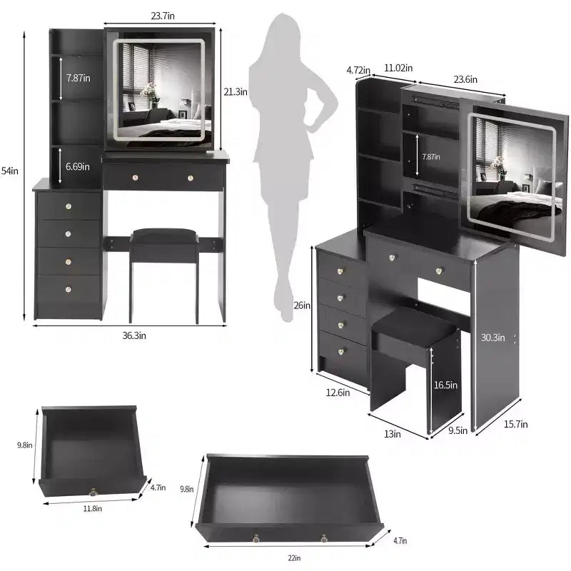 Okak Coiffeuse Miroir avec Lumières et Ensemble Table, Grande Coiffeuse de Chevet Gauche et Tabouret Rembourré, Noir