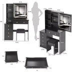 Okak Coiffeuse Miroir avec Lumières et Ensemble Table, Grande Coiffeuse de Chevet Gauche et Tabouret Rembourré, Noir