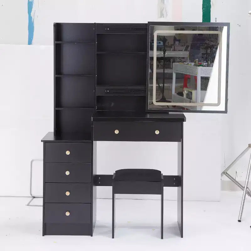 Okak Coiffeuse Miroir avec Lumières et Ensemble Table, Grande Coiffeuse de Chevet Gauche et Tabouret Rembourré, Noir