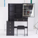 Okak Coiffeuse Miroir avec Lumières et Ensemble Table, Grande Coiffeuse de Chevet Gauche et Tabouret Rembourré, Noir