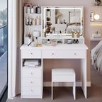 Okak Vanity Table with Drawers and Lights,41 Left-Side Vanity Desk with Cushioned Stool & Extra-Large Touch Sliding LED Mirror,White
